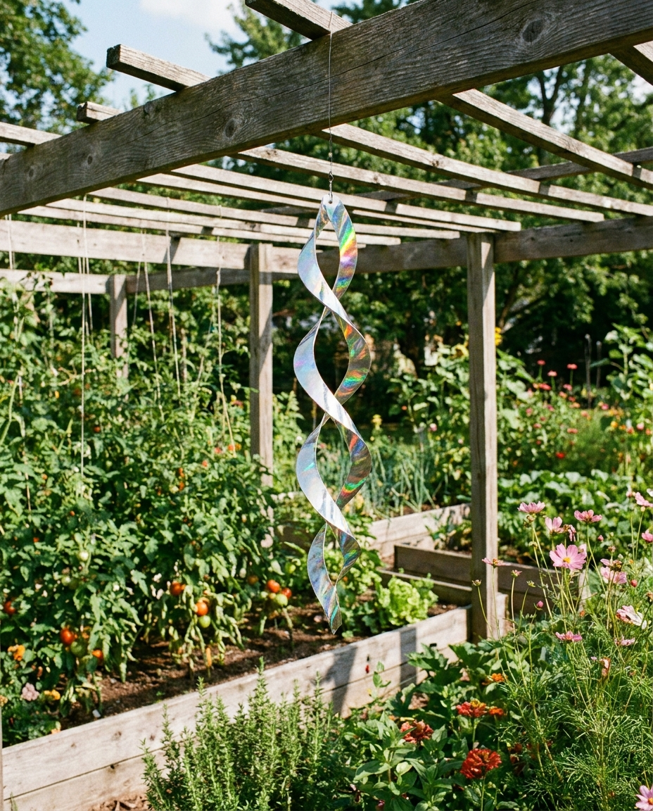 Reflective bird deterrent rod in a garden