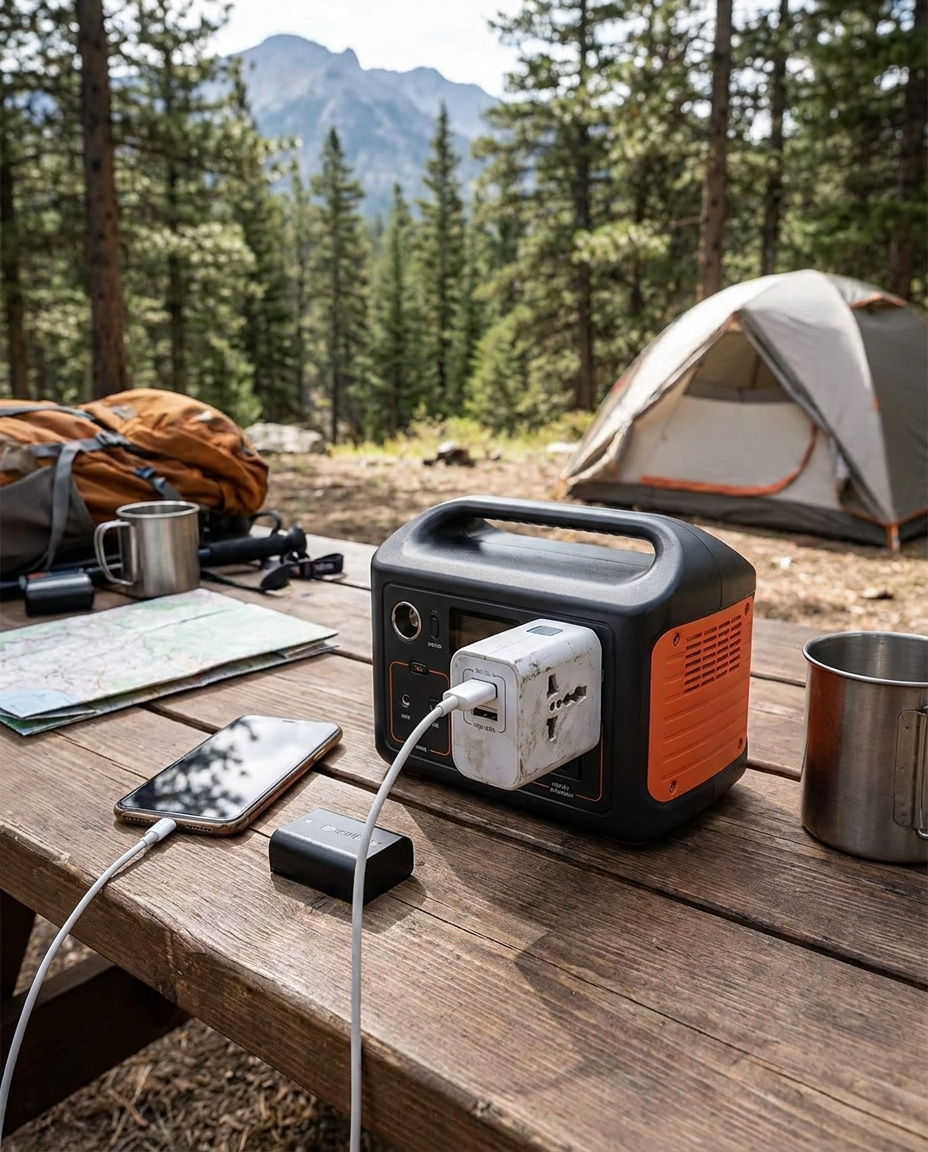 Worldwide travel adapter in use while traveling