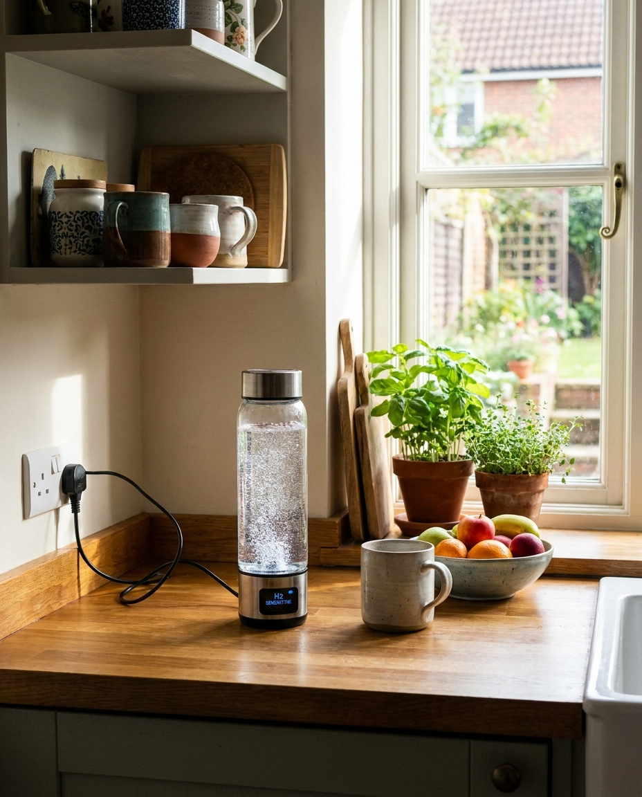 Hydrogen water bottle in a home kitchen