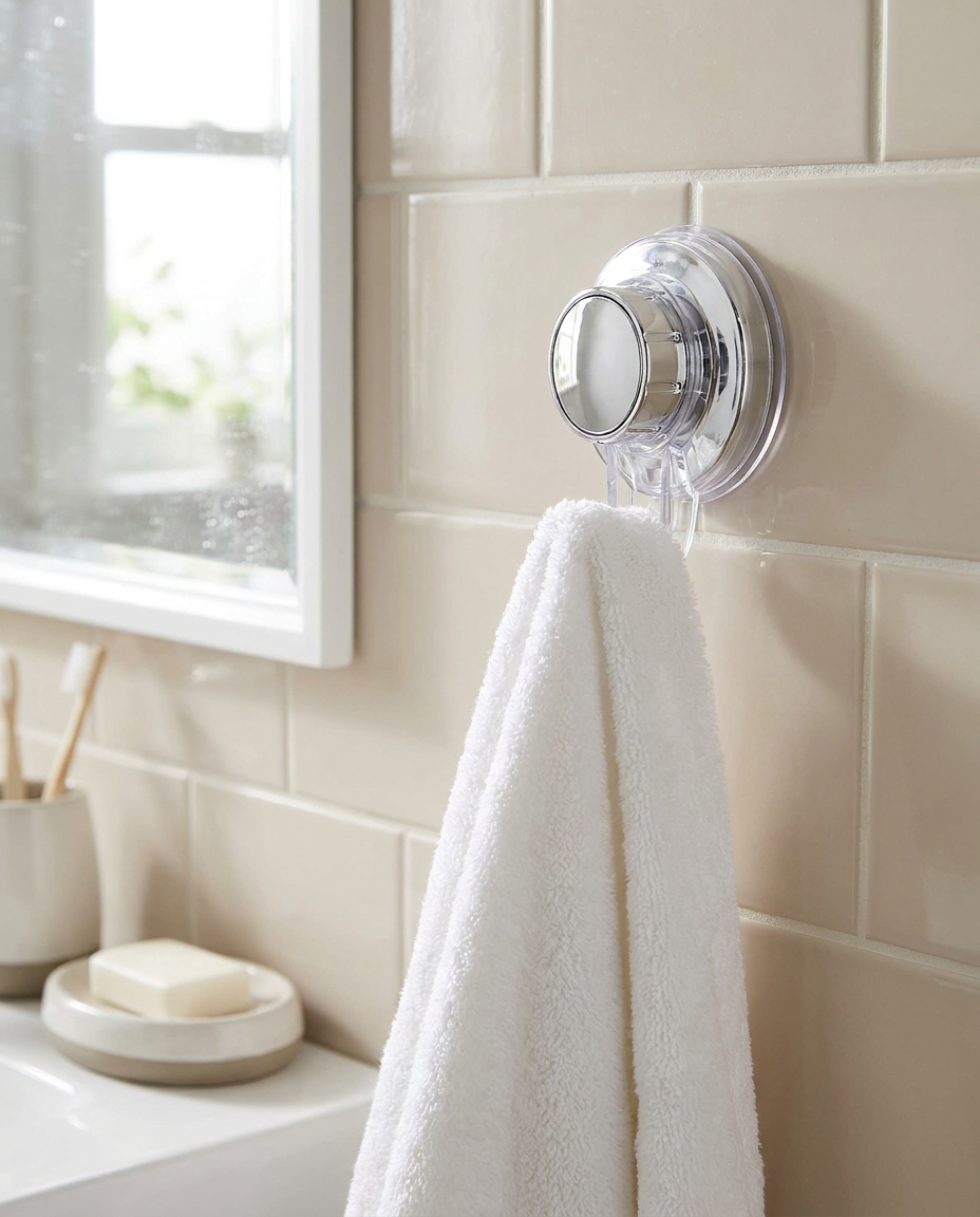 Suction cup wall hook holding a towel
