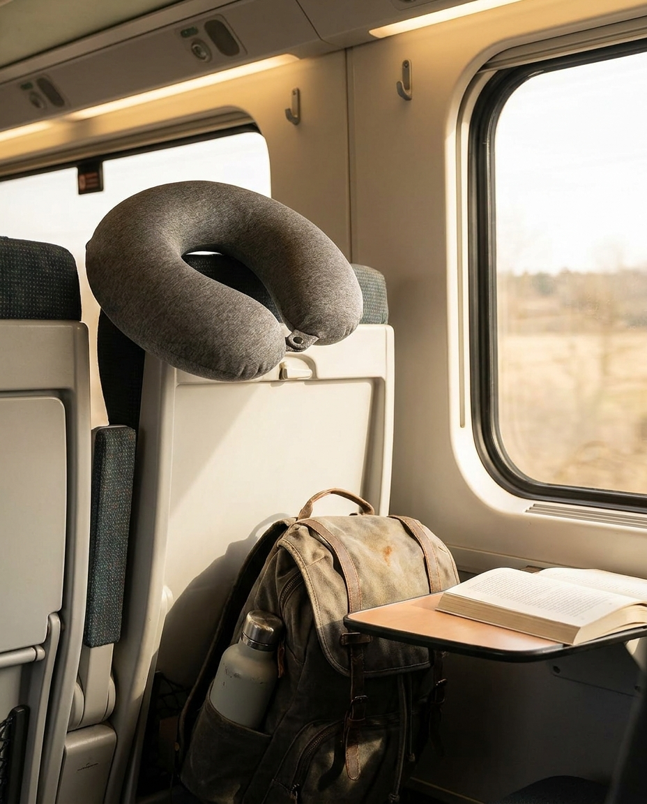 Travel neck pillow in use while traveling