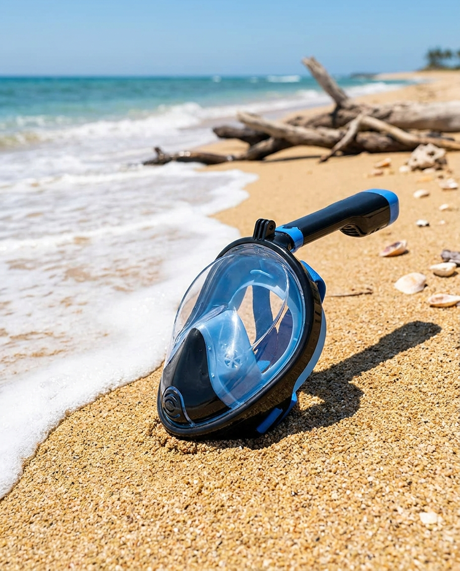 Snorkeling mask on beach sand