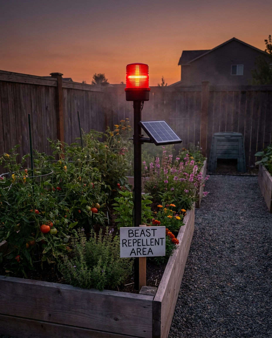 Solar warning lights in a backyard garden at dusk