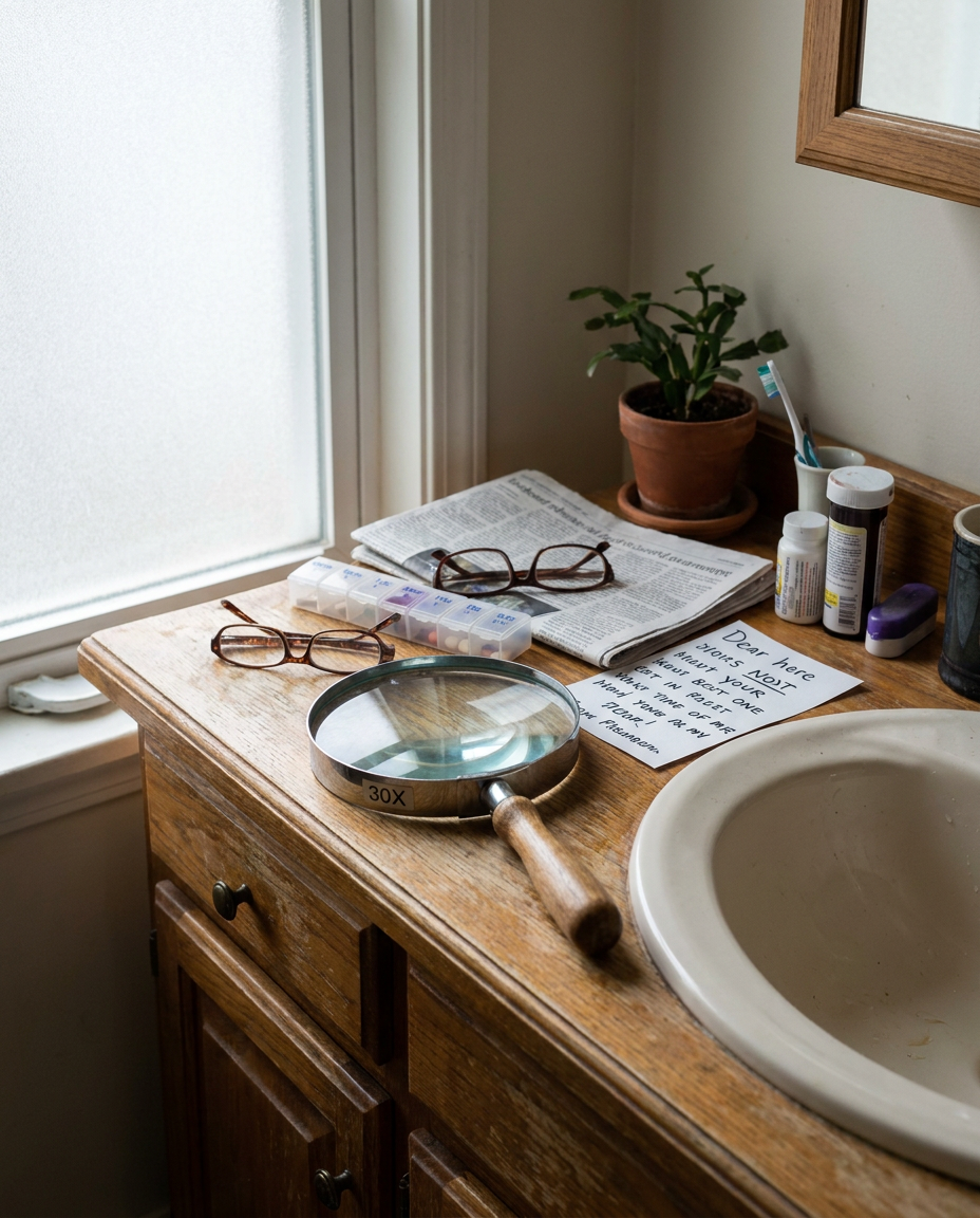 Magnifying glass at a bathroom vanity