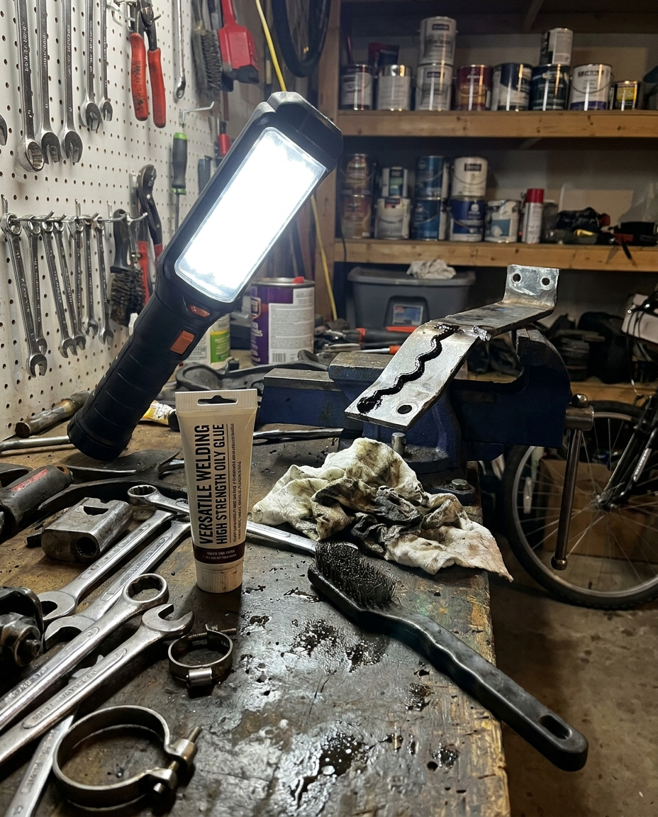 Welding glue used in a home garage workshop