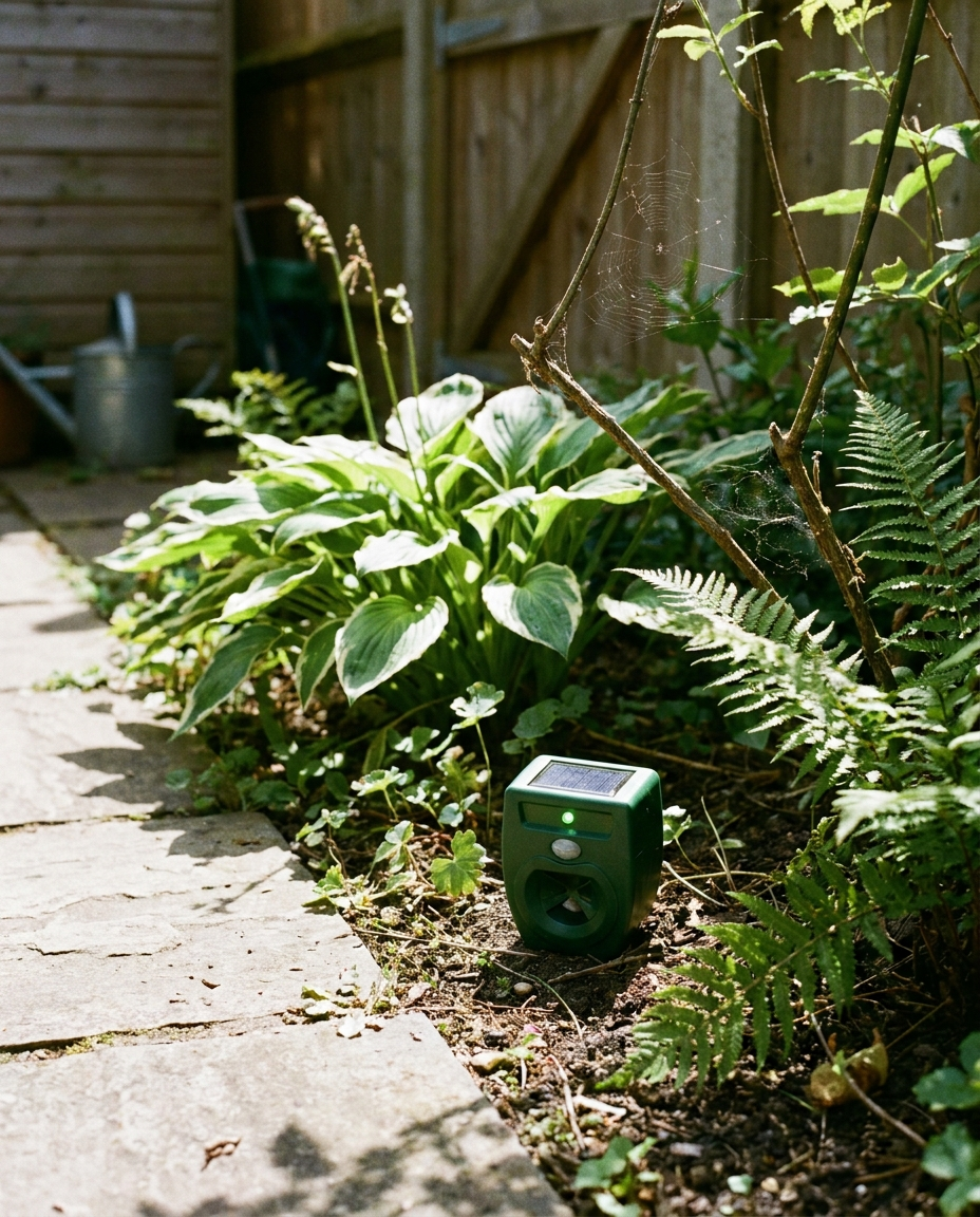 Ultrasonic spider repeller in a garden