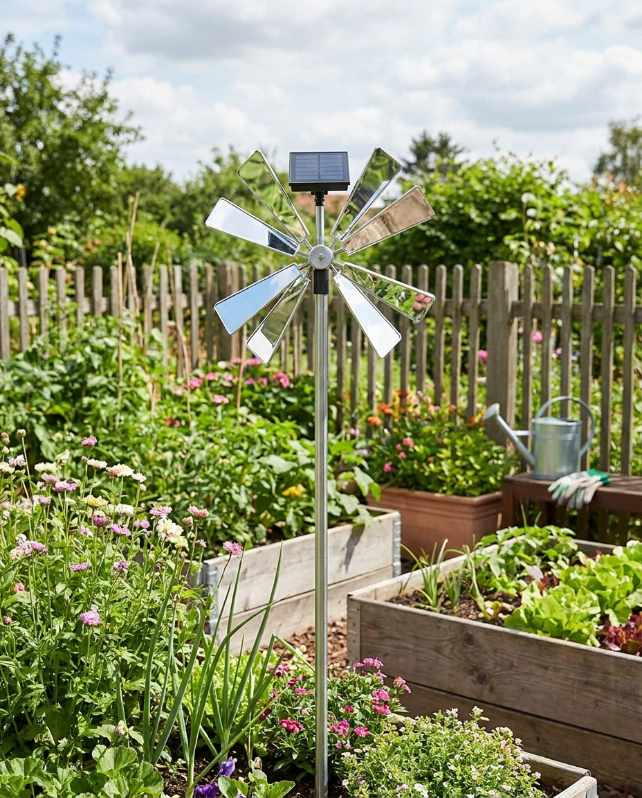 Reflective solar bird repeller in a garden