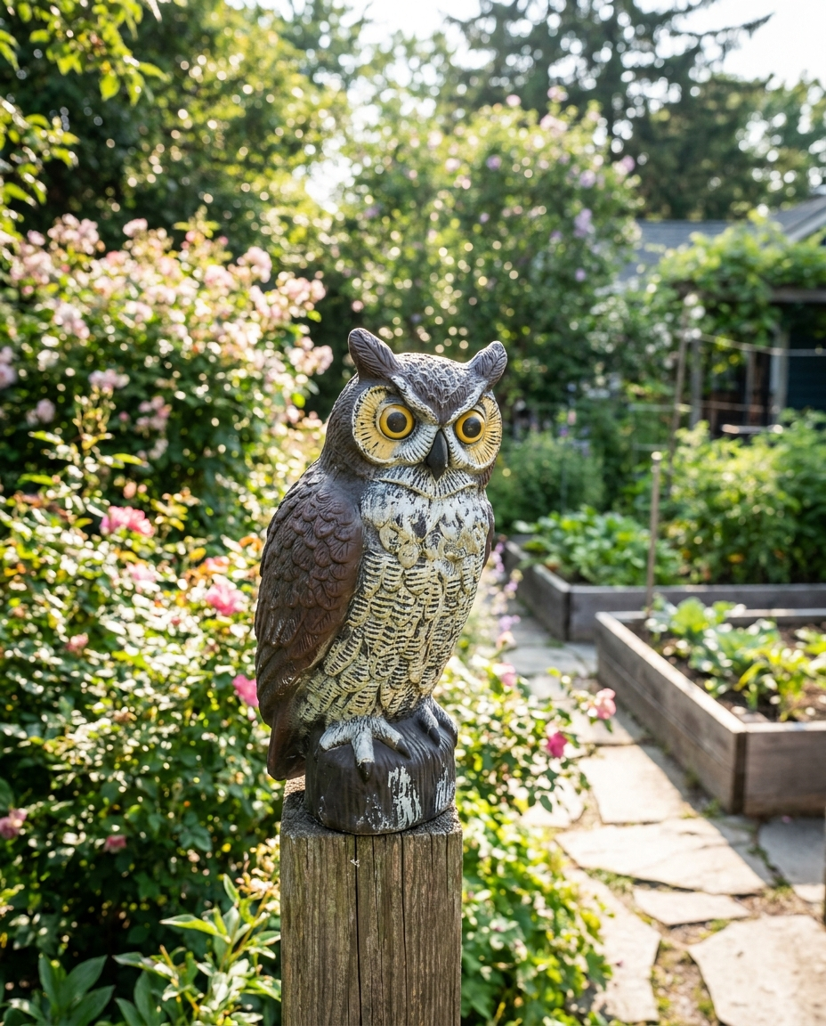 Owl decoy bird repeller in a backyard garden
