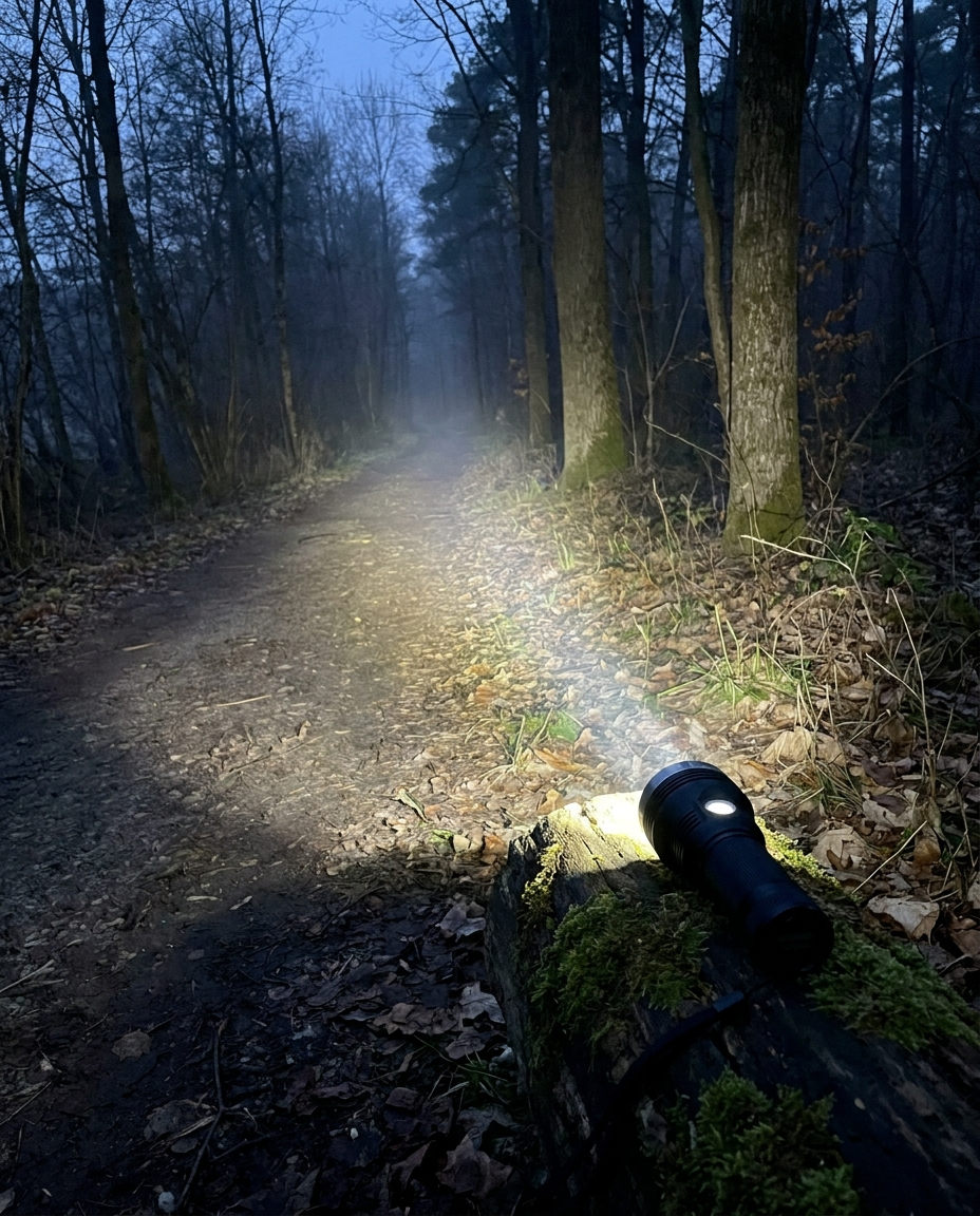 Rechargeable flashlight lighting a dark trail