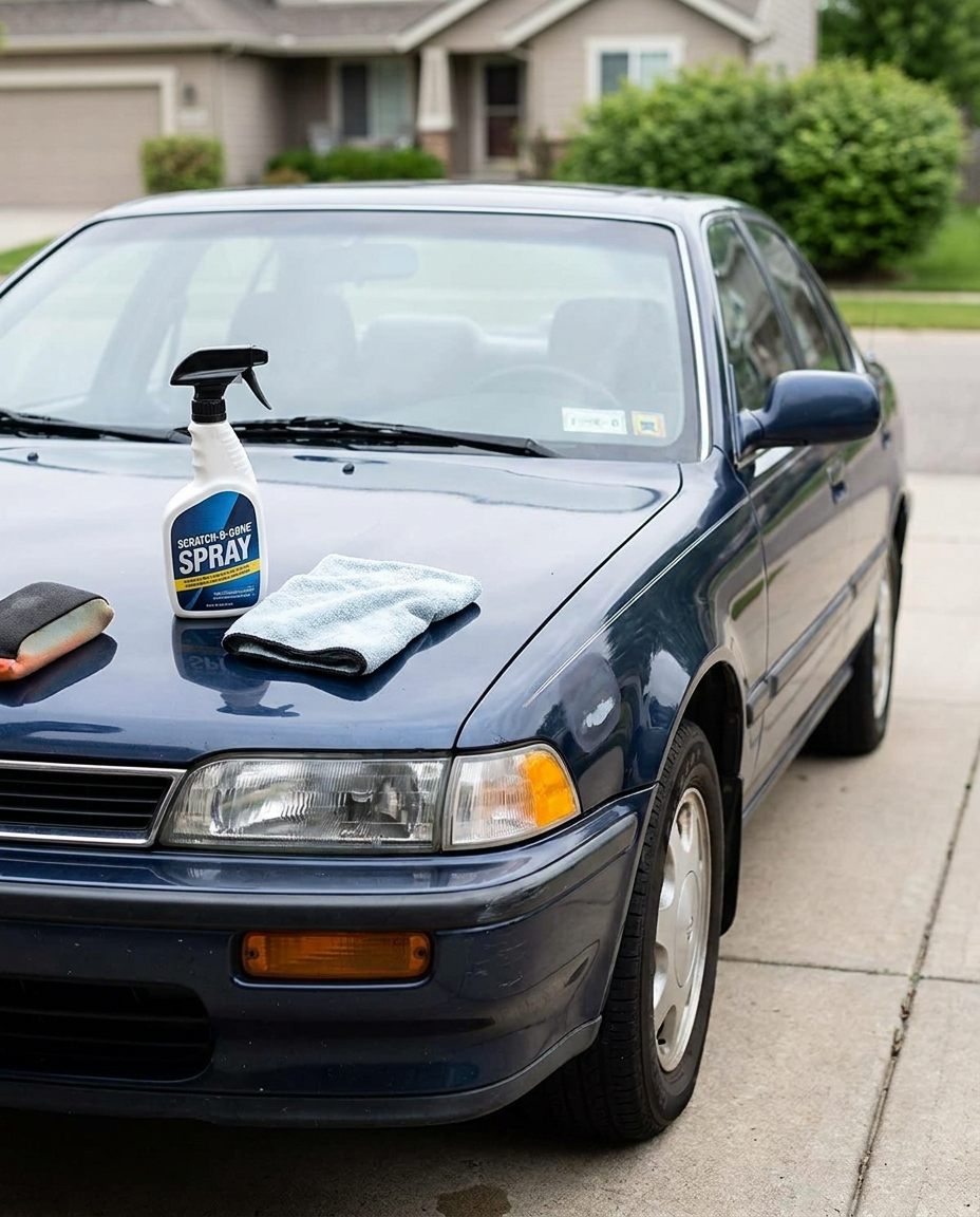 Car scratch remover spray used on a car