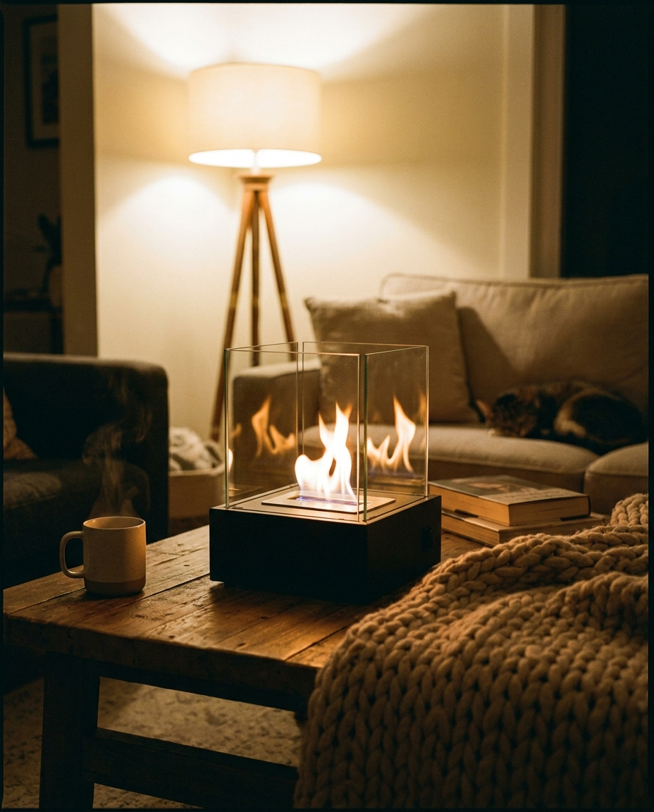 Glass tabletop fireplace in a living room