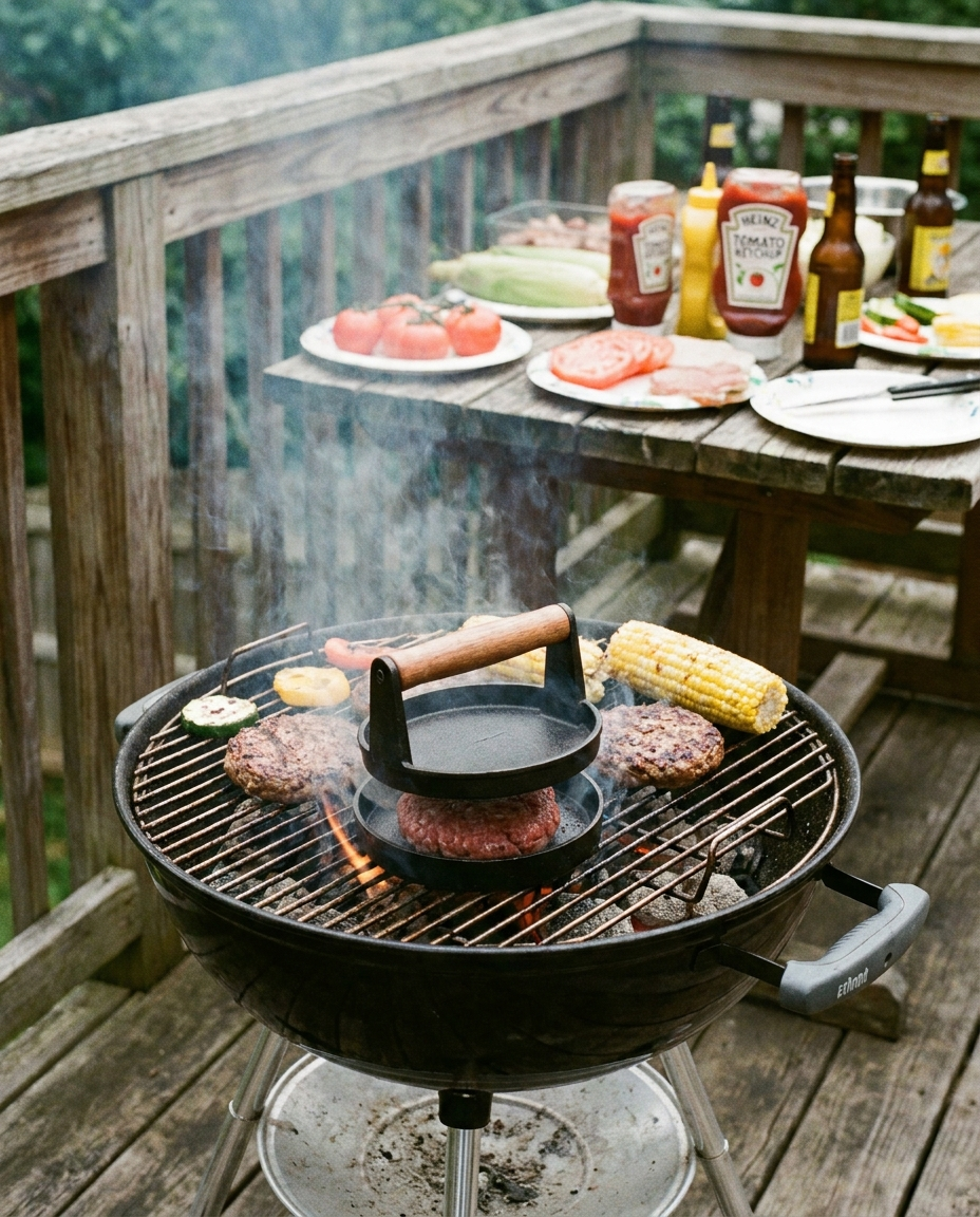 Hamburger press patty maker in use at a backyard barbecue