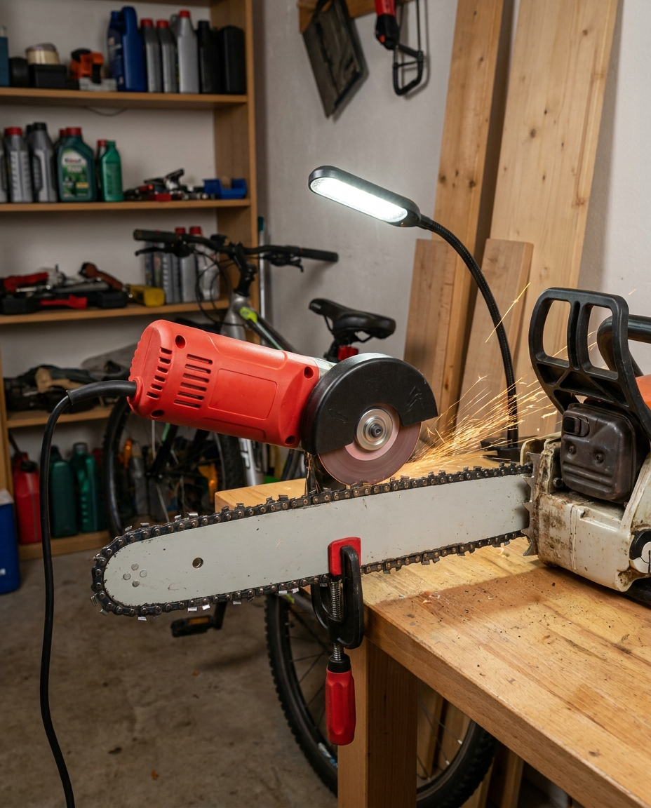 Chainsaw sharpener in use in a home garage workshop