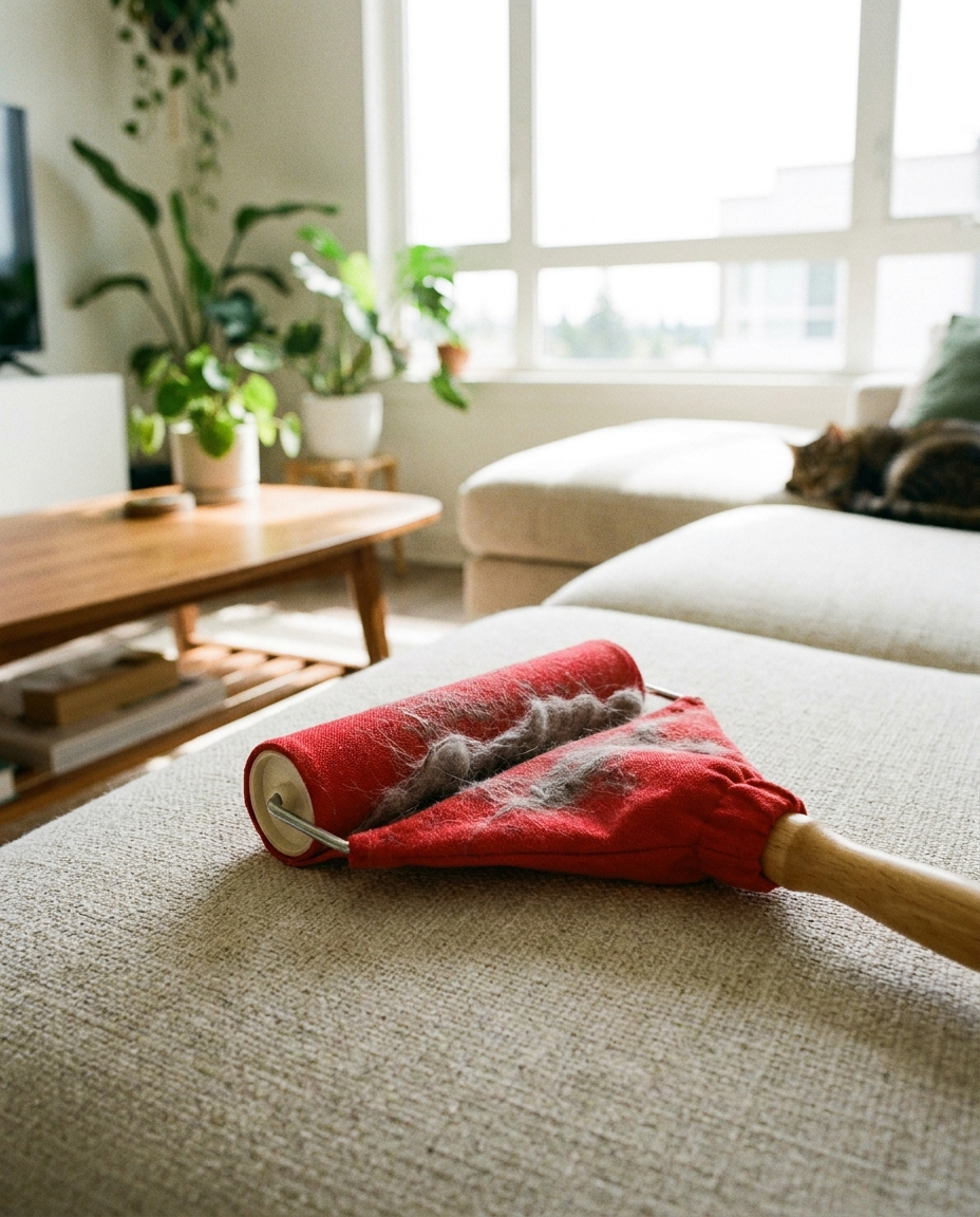 Laundry lint and fur remover in use at home