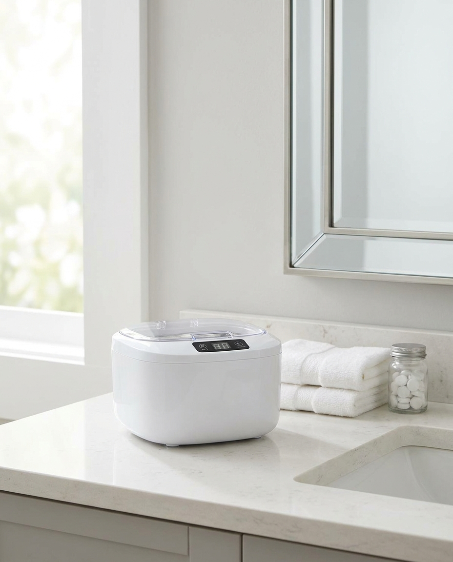Denture cleaner machine on a bathroom counter