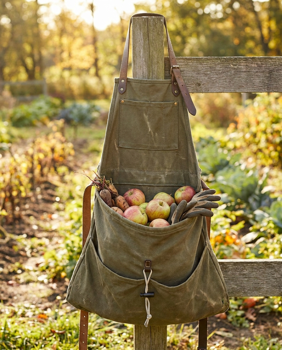 Harvesting apron with drop-release pouch in use