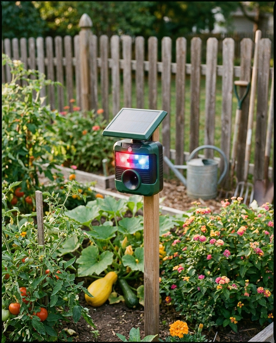 Solar bird repeller with flashing light in a garden