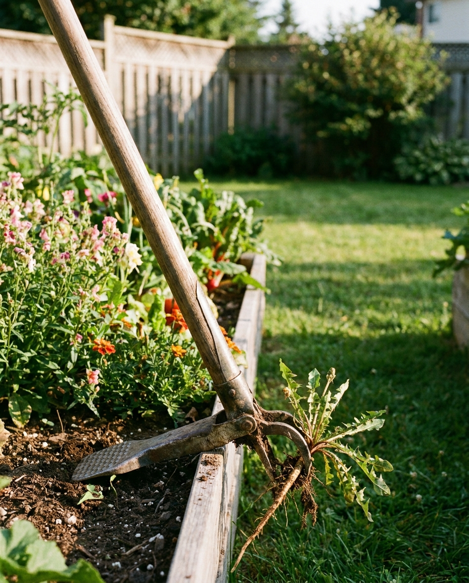 Long handle weed puller tool in a garden