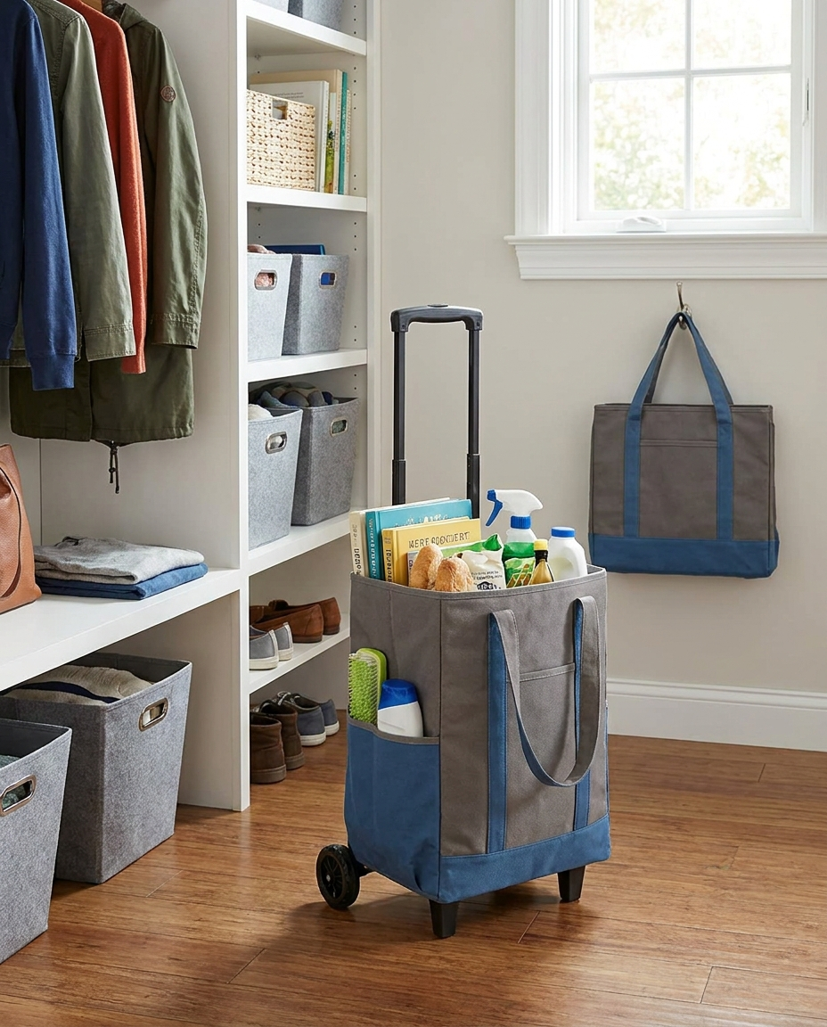 Foldable shopping bag with wheels in a home storage area