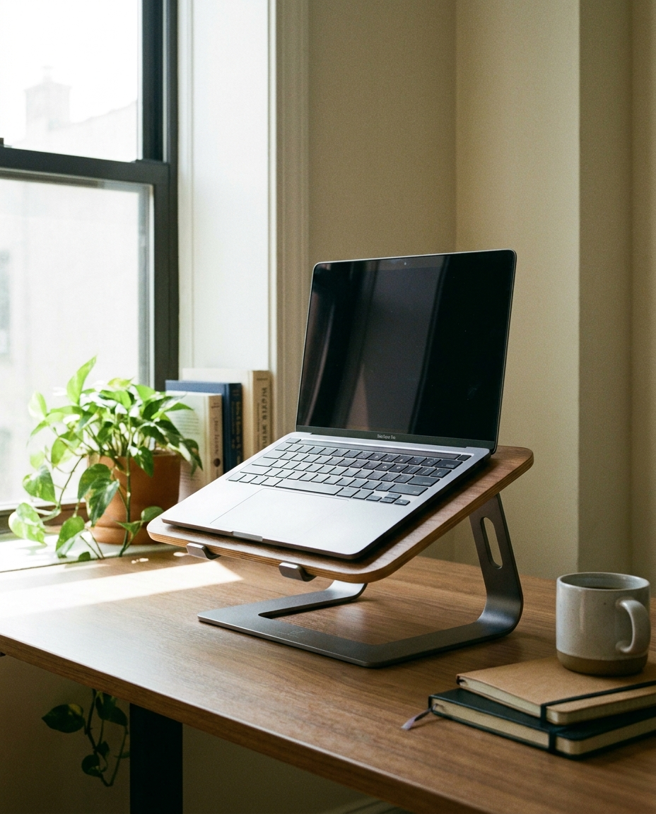 Ergonomic laptop stand on a home desk