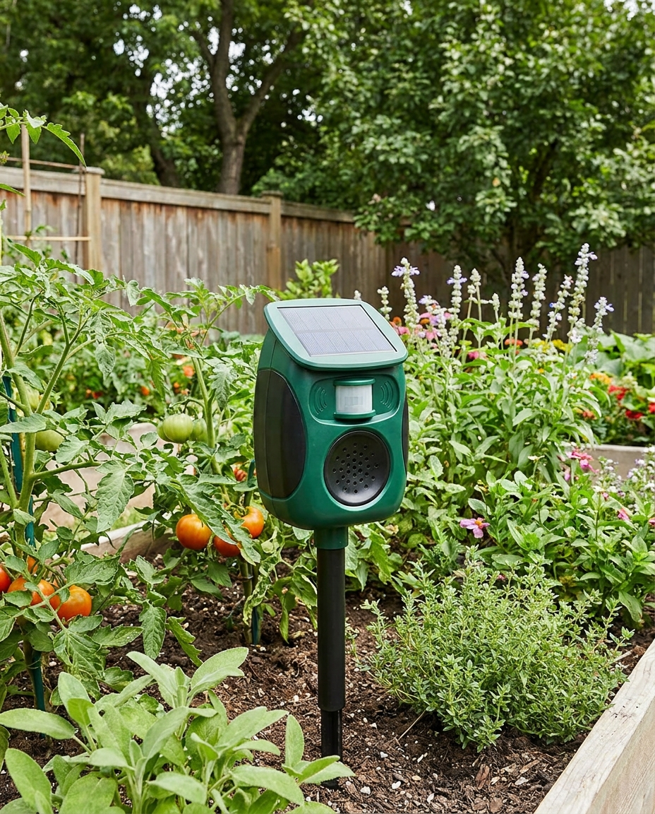 Solar ultrasonic animal repeller staked in a backyard garden