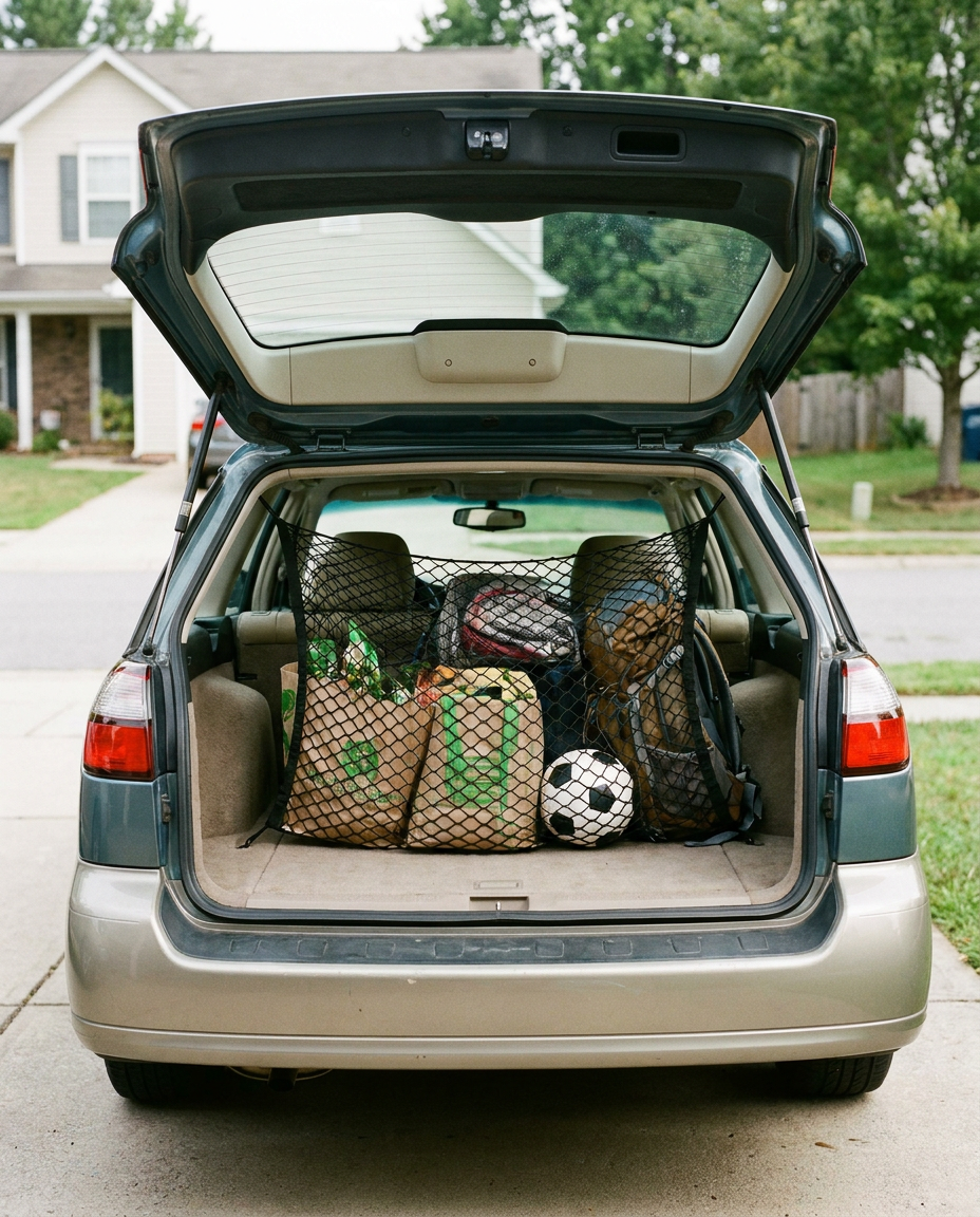Interior cargo net installed in a car trunk