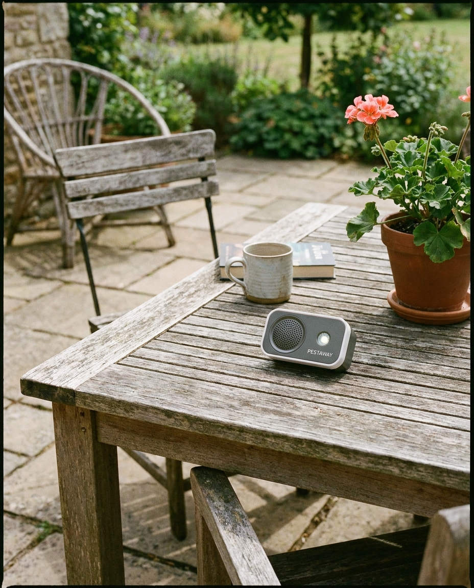 Ultrasonic fly repeller on a patio table