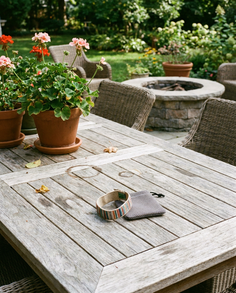 Anti-mosquito wristband on a backyard patio table