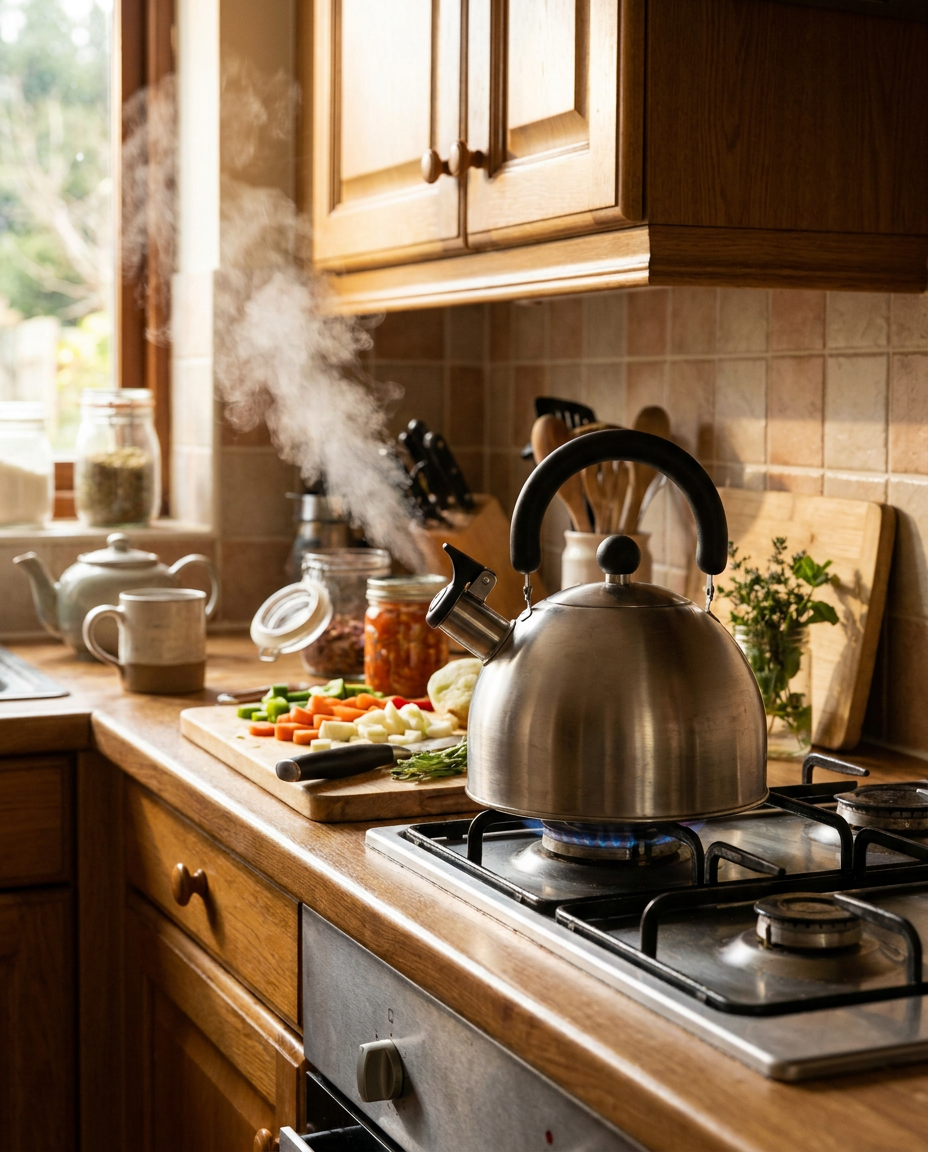 Whistling kettle in use on a kitchen counter