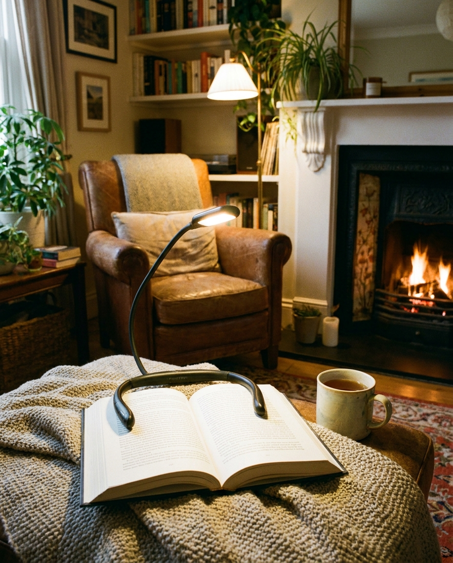 LED neck reading lamp in use in a cozy bedroom