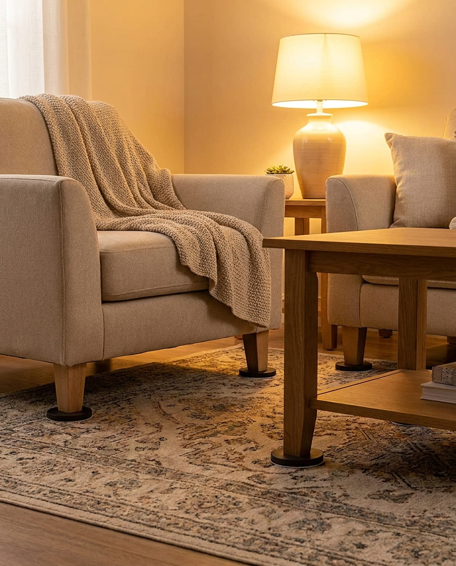 Self-adhesive casters installed on furniture legs