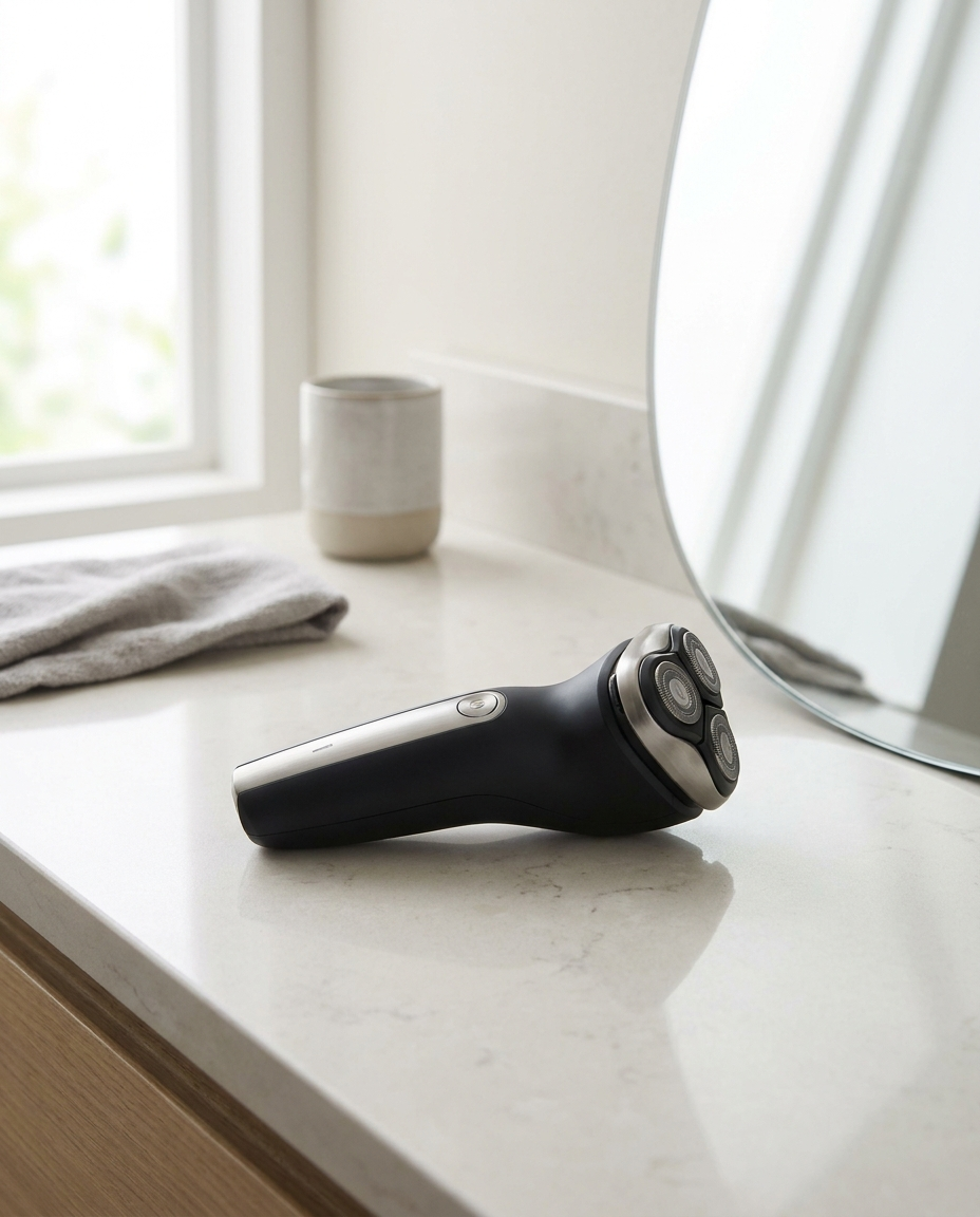 Electric facial hair shaver on a bathroom counter
