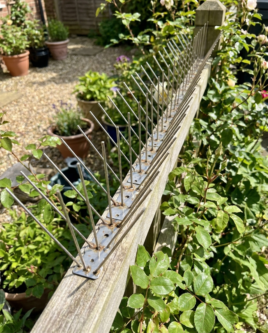 Outdoor stainless bird repeller spikes on a fence