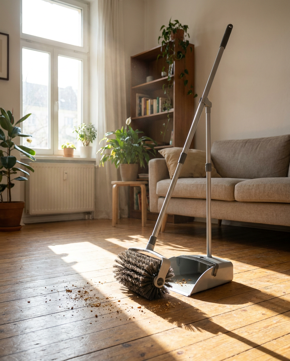 Manual 2-in-1 broom with rotating brush cleaning a floor