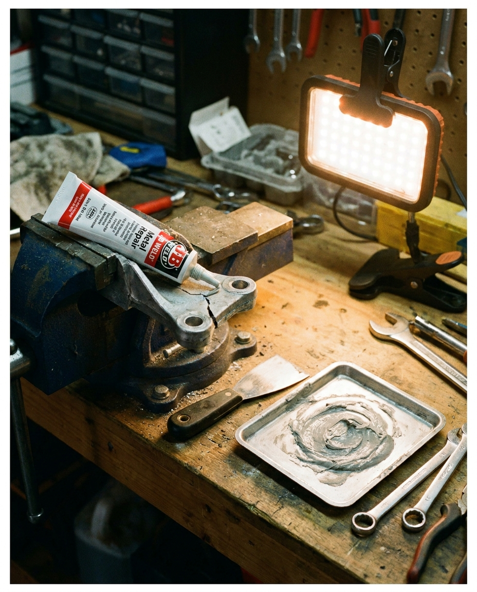 Metal repair glue in use in a garage workshop
