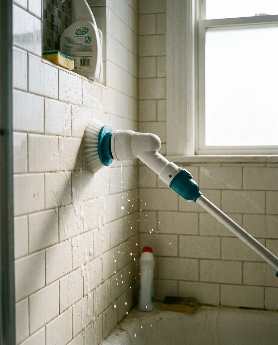 Turbo spin scrubber cleaning a bathroom tile surface