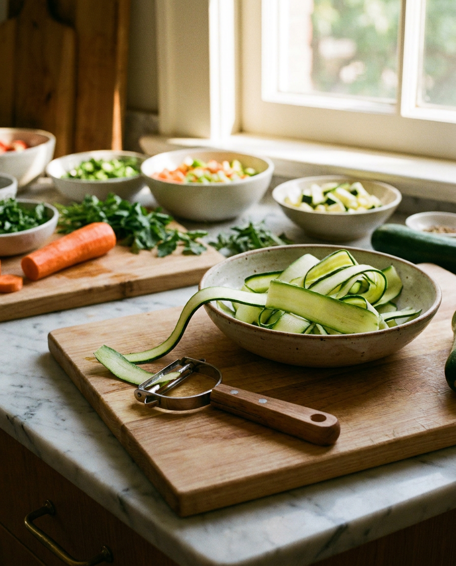 Dual-blade peeler in use on a kitchen counter