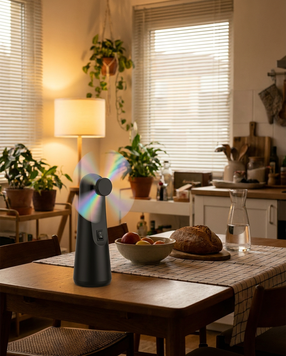 Battery-powered fly repelling fan on a dining table