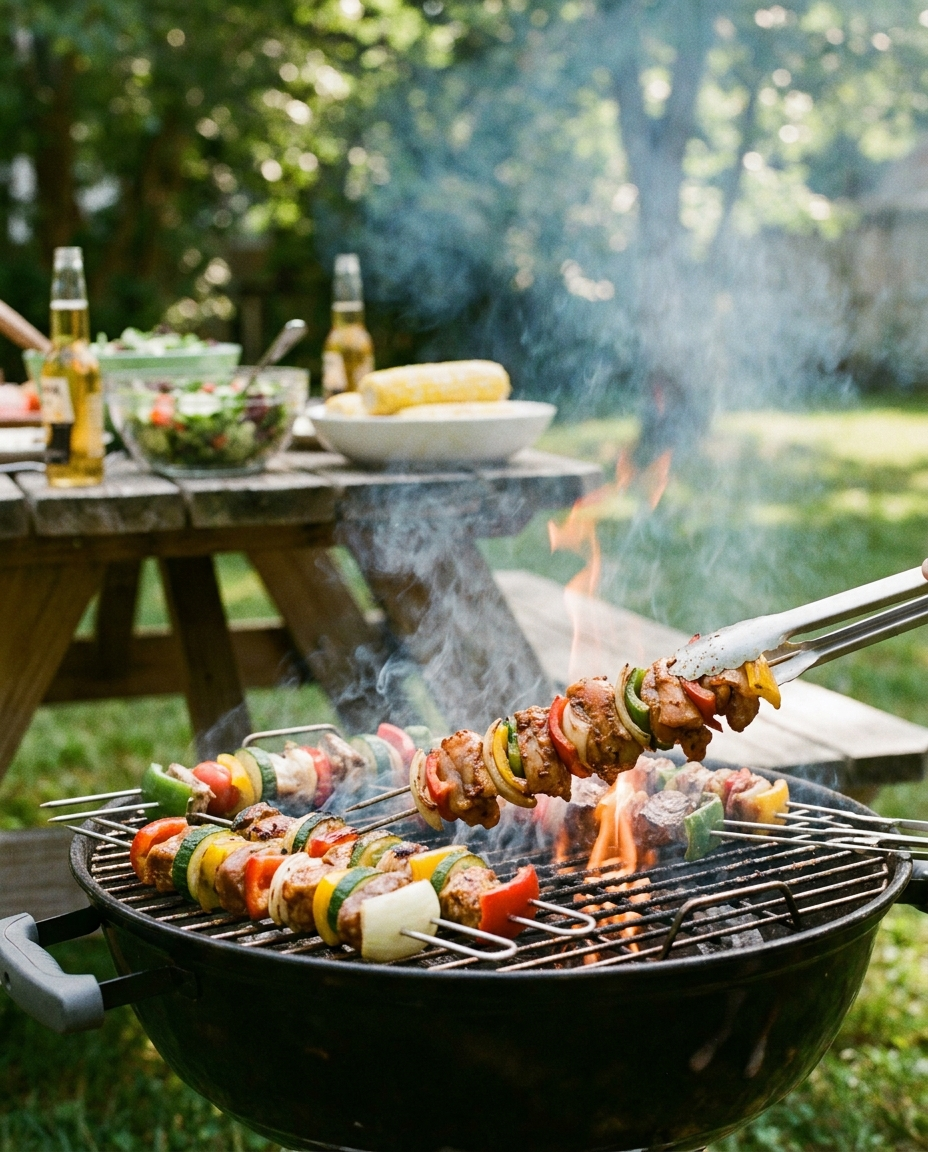 Three-prong grill skewer set in use at a barbecue