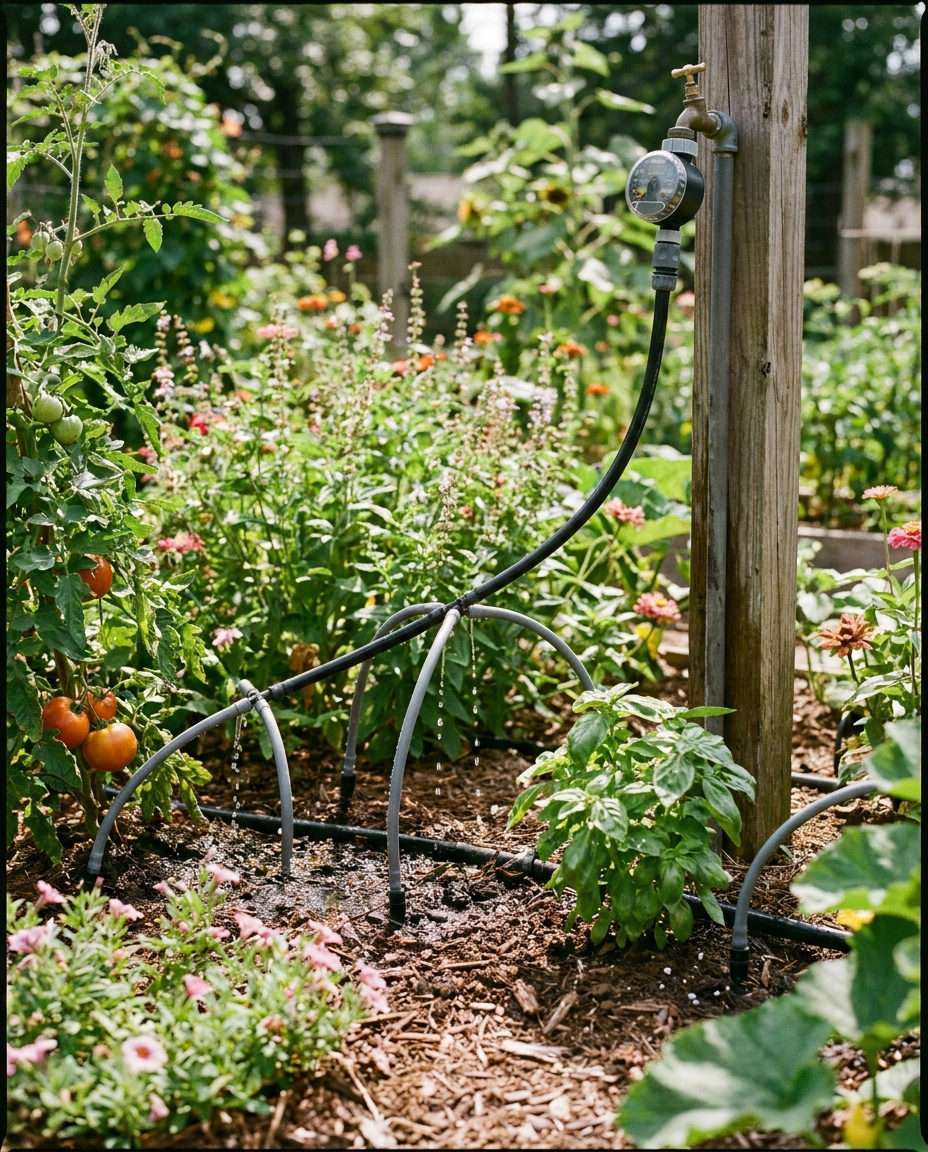 Drip irrigation kit set up in a home garden