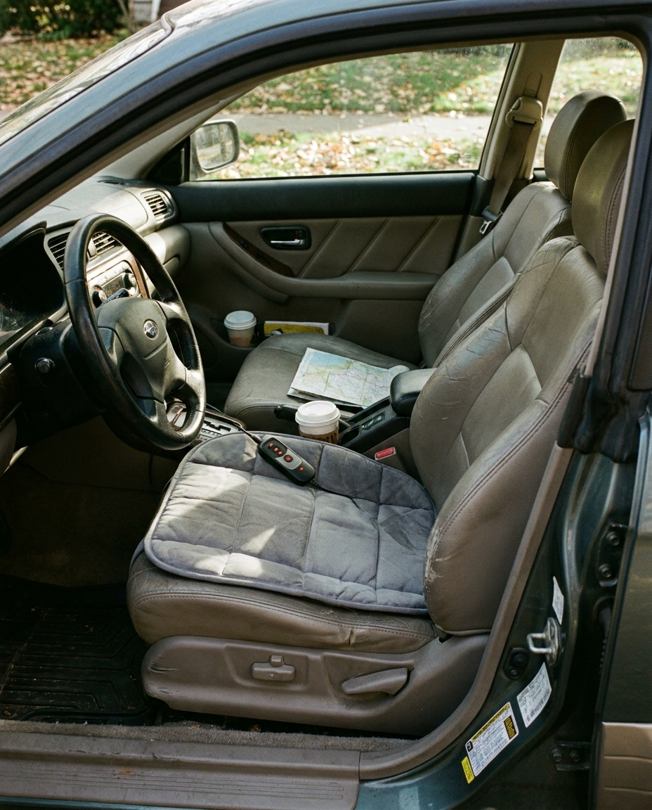 Heated car seat cushion on a driver seat