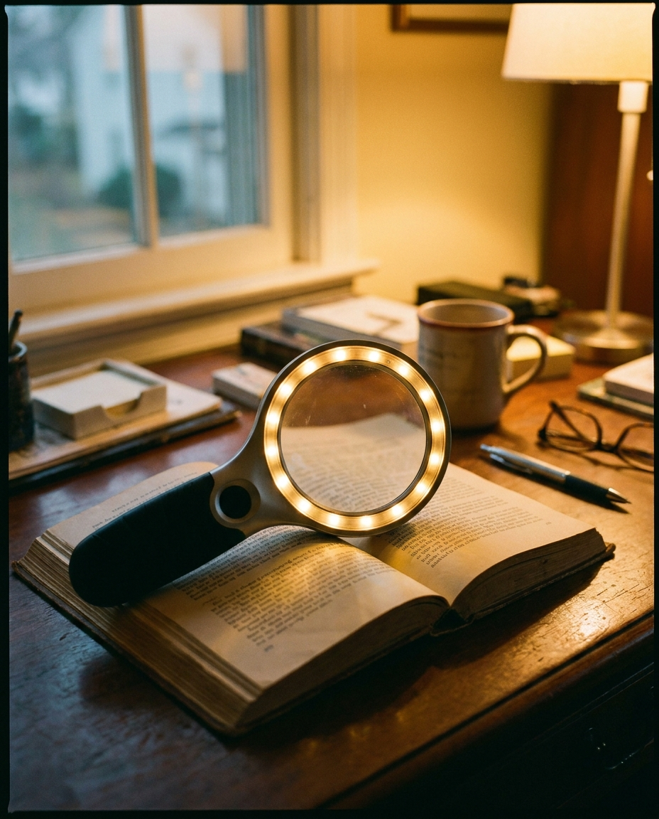 Magnifying glass with LED lighting on a desk