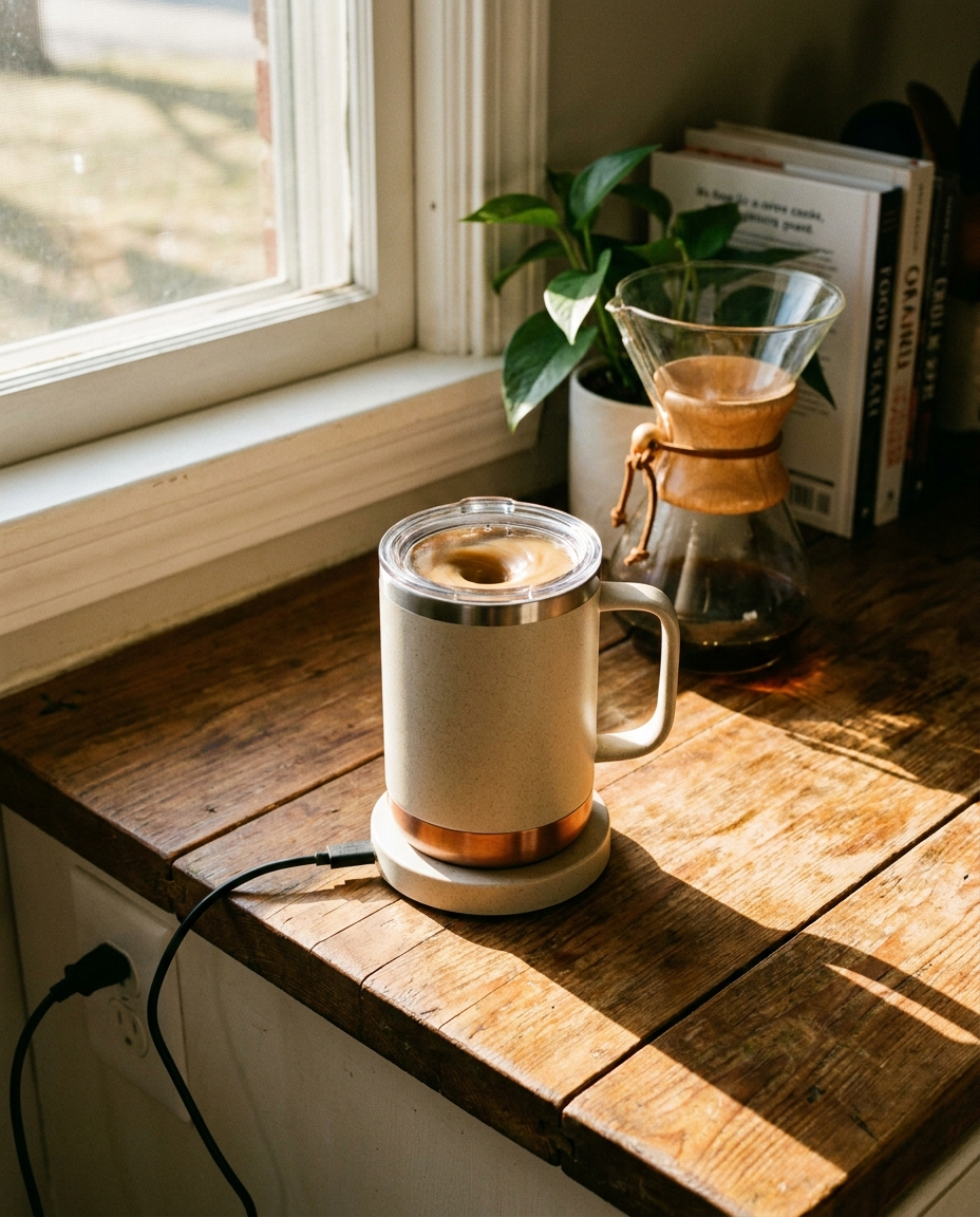 Rechargeable self-stirring mug on a kitchen counter