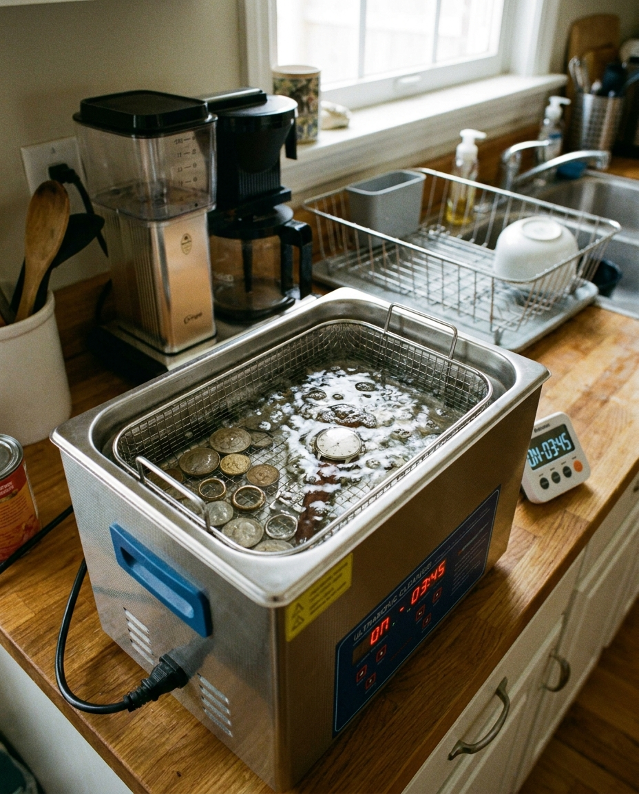Ultrasonic cleaning unit in use on a kitchen counter