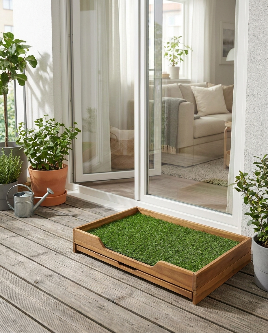 Dog toilet with artificial turf on a home balcony