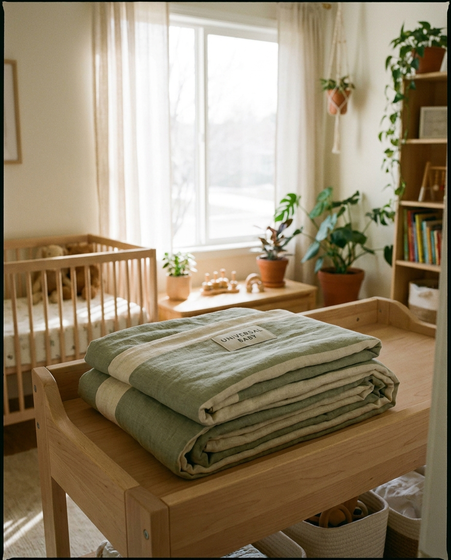 Universal baby carrier wrap displayed in a nursery