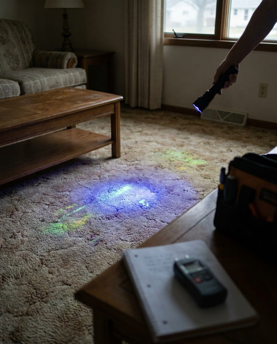 Handheld blacklight UV flashlight inspecting a carpet