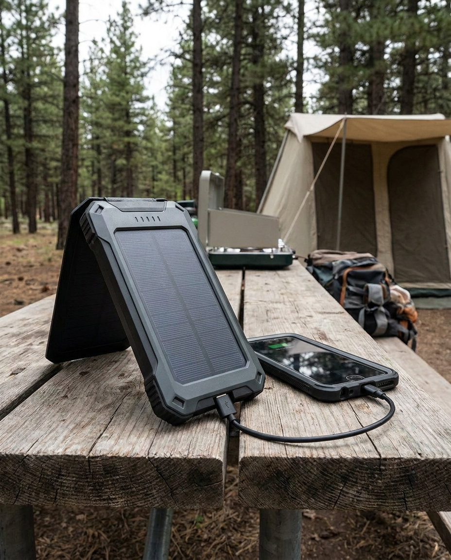 Solar power bank charging a phone while camping