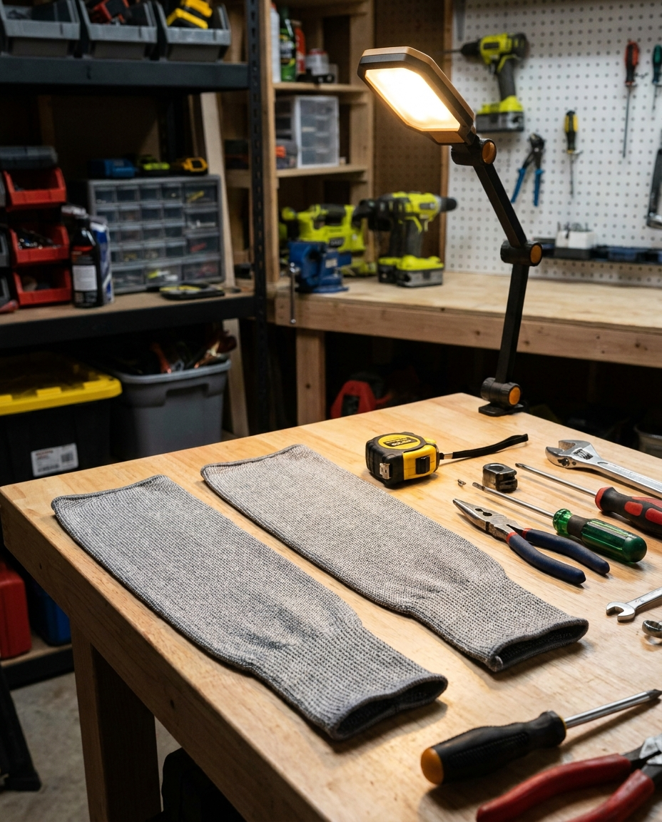 Cut resistant sleeves on a garage workbench