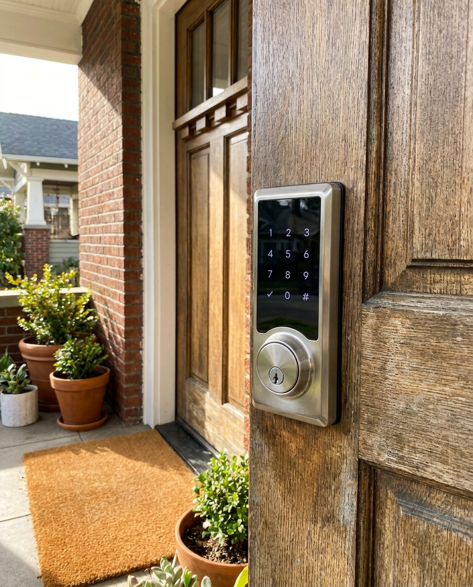 Number code door lock installed on a home entry door